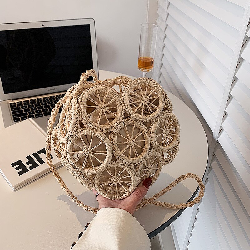 Yogodlns-Bolso de paja con forma de círculo para mujer, tejida a mano bandolera, para vacaciones, playa, bolso de hombro redondo, sa: beige
