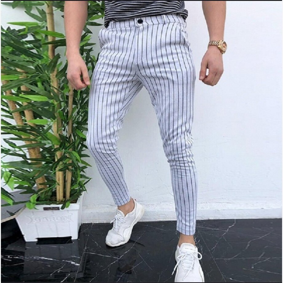 Plus size herrebukser stribede elastiske afslappede blyantbukser luksus mærke tøj bukser sweat pants til mænd street: Hvid / Xl