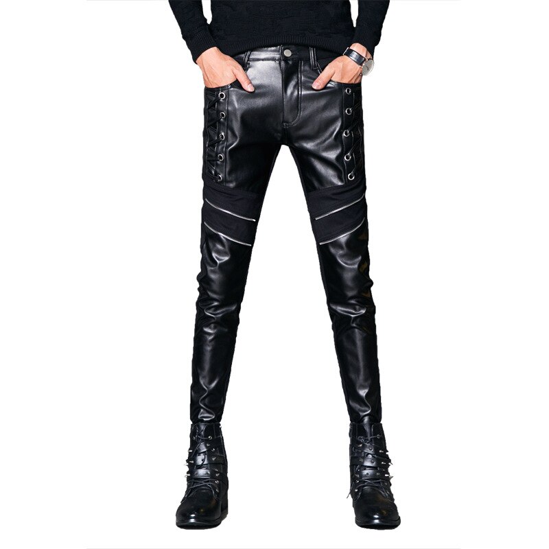 Fashionable Men's Pants Faux Leather Slim Patchwork Casual Man Pants 28-36 Male Pu Leather Trousers