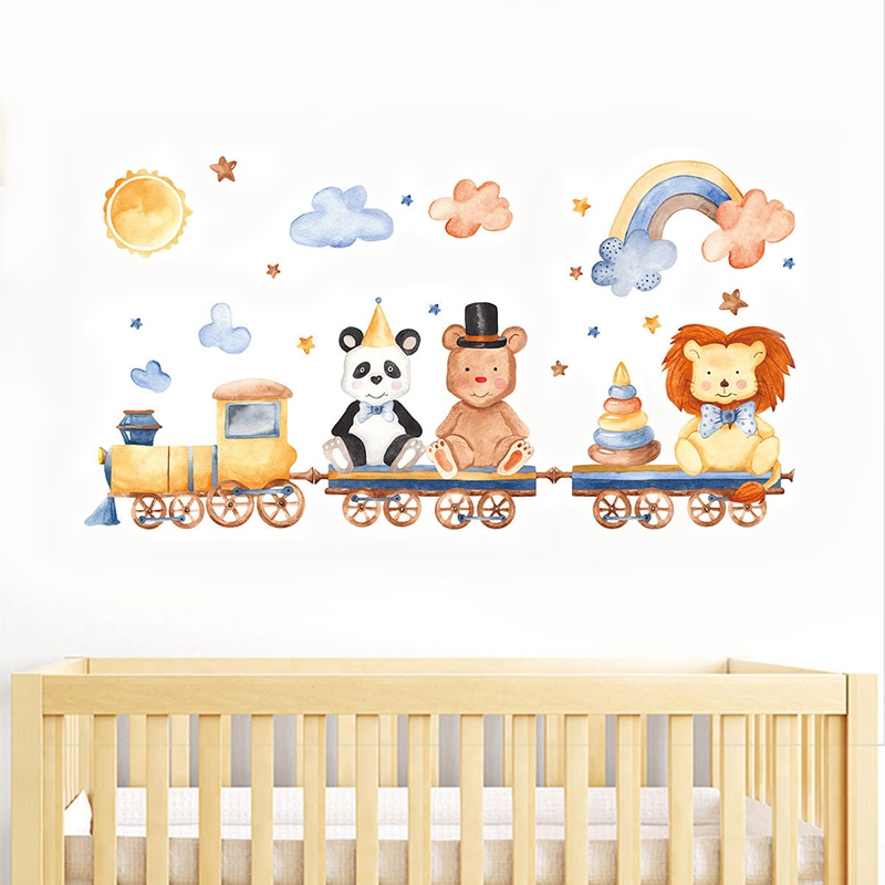 Cartoon Animnal Leeuw Beer Panda Trein Muurstickers Voor Kinderkamer Slaapkamer Home Decor Muurstickers Baby Nursery Woondecoratie