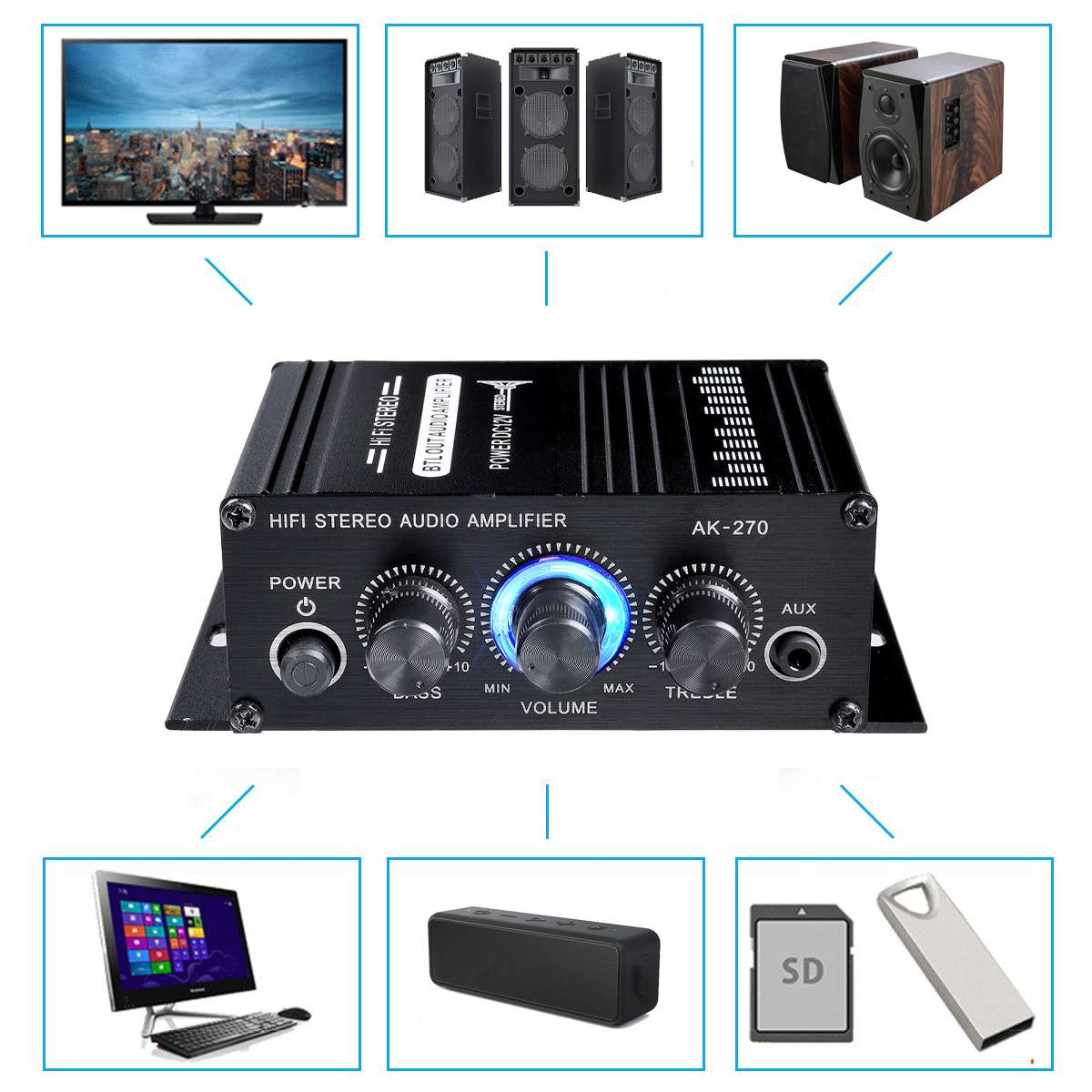 AK380//370/270/170 800W 12V Hifi Versterker Stereo Thuis Auto Bass Audio Amp Auto Speaker klasse D Auto Thuis Geluid Power Amp