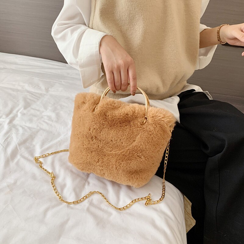 Meisje Mooie Zachte Pluche Schoudertas Faux Fur Winter Keten Crossbody Tas Draagbare Lady Casual Tote Party Handtas