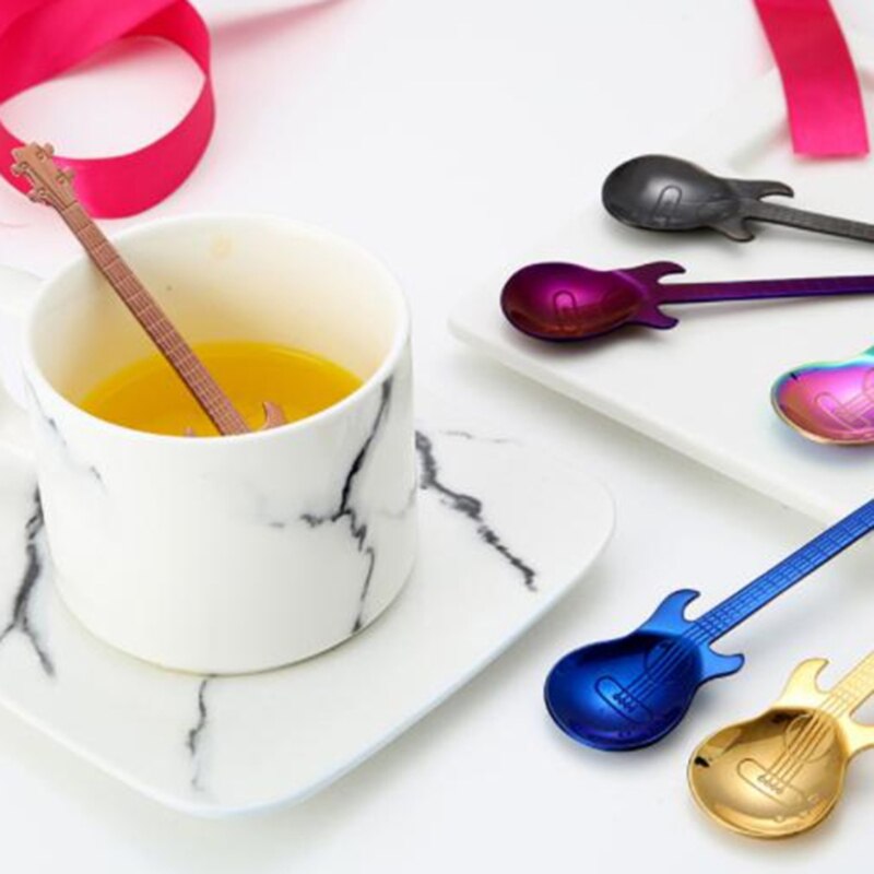 Stainless Steel Guitar Shaped Love Coffee Spoon Teaspoon Children Spoon Beautiful 7 Colors Tea Use Tool