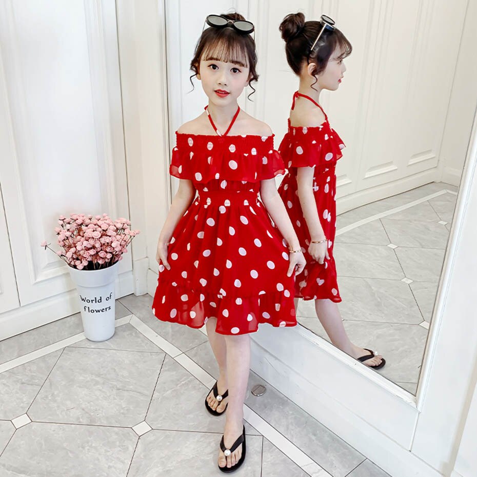 Vestito Da estate Della Ragazza Grande Dot Dress Per La Ragazza Shoulderless Vestito Da Partito Del Bambino Coulisse Abbigliamento Per Bambini 6 8 10 12 14
