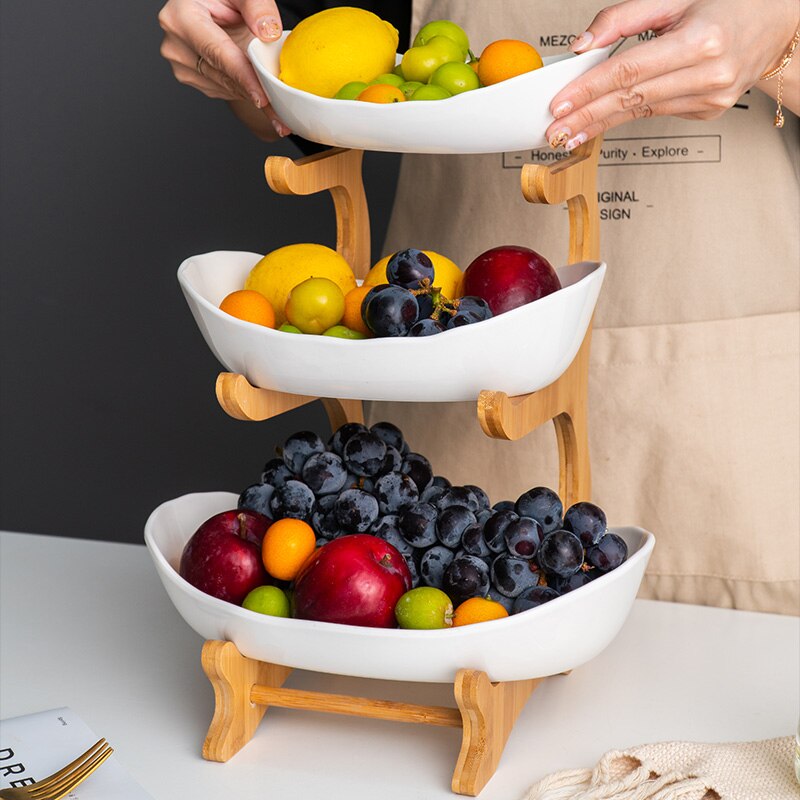 3 layer Wooden Rack Dried Fruit Snacks Basket Cake Salad Dessert Plate Afternoon Tea Tray Living Room Organizer