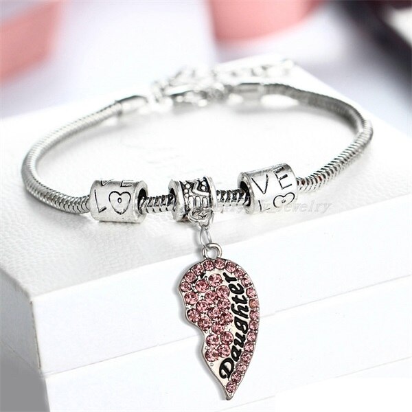 2PC Clear Color Red Pink Blue Crystal Rhinestone Heart Mother Daughter Bangle Bracelets Mom Mommy Girls Women Family Party: Pink Daughter