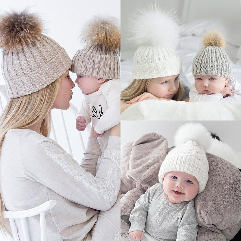 Nueva madre Infantil chico bebé niño tejido cálido de invierno Gorro con piel Pom sombrero bola tapa para adultos y niños familia juego gorras sombreros