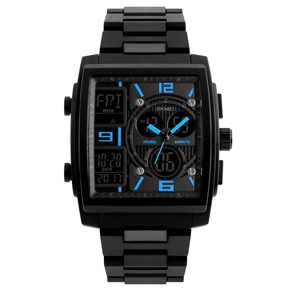 Skmei 1274 mænds armbåndsur multifunktionelt pu-strop udendørs sports digitalt ur til mænd: Blå