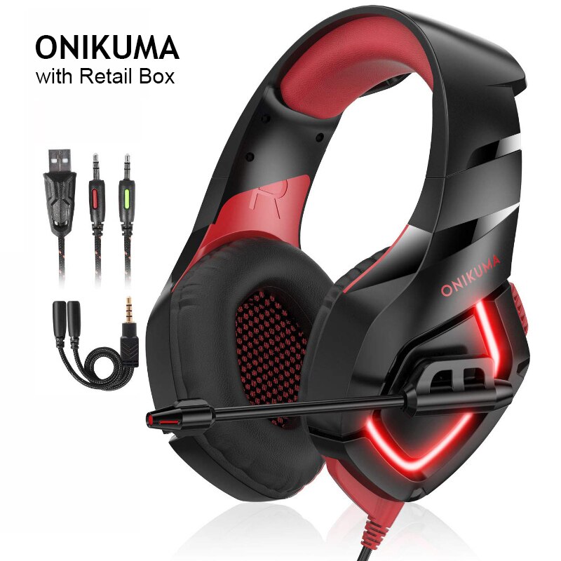 ONIKUMA k1-b zestaw słuchawkowy Stereo do gier przewodowe słuchawki gamingowe do laptopa Mac PC PS4 Xbox One Nintendo z mikrofonem LED Lights: Black red with box