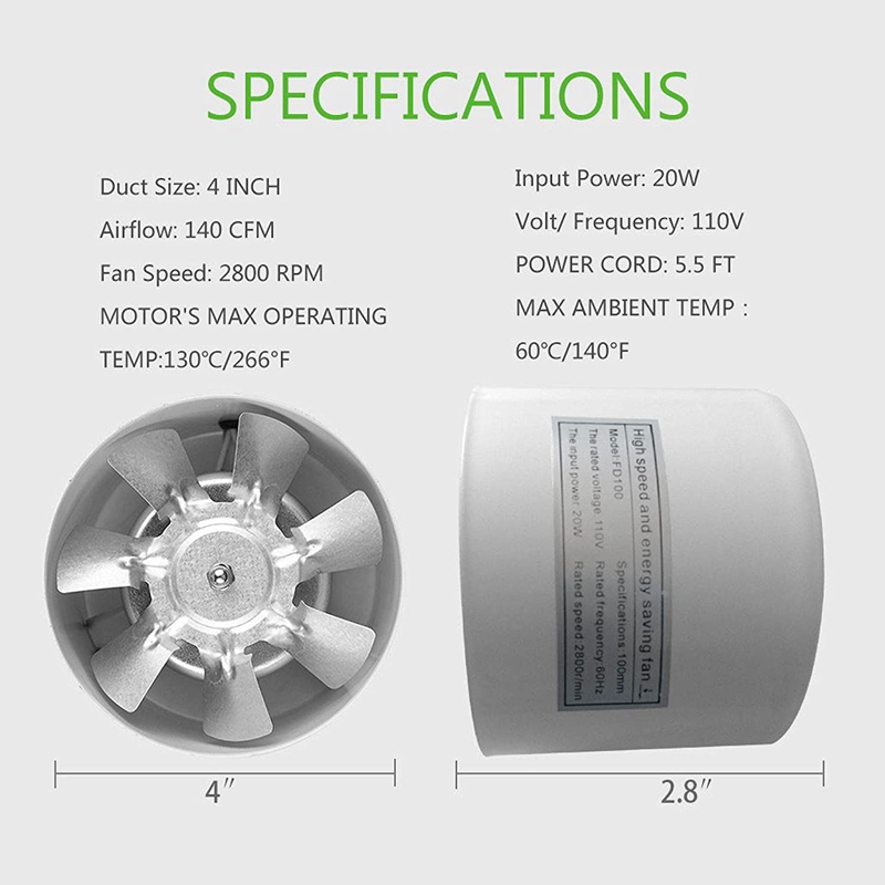 JHD-4 Inch Duct Inline Fan 140CFM 110V 20W For Bathroom Vent Room Basement Greenhouse Attic Kitchen (4Inch/100Mm)