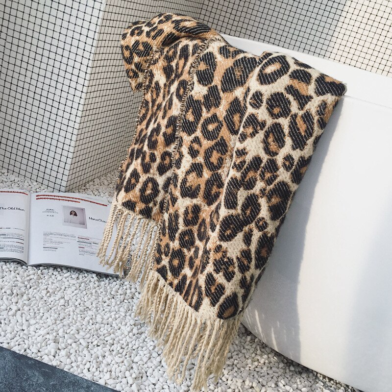 Brun poncho leopard femme kvinder vinter tæppe tørklæde varm blød kashmir tyk lang damer kvast tørklæder poncho foulard