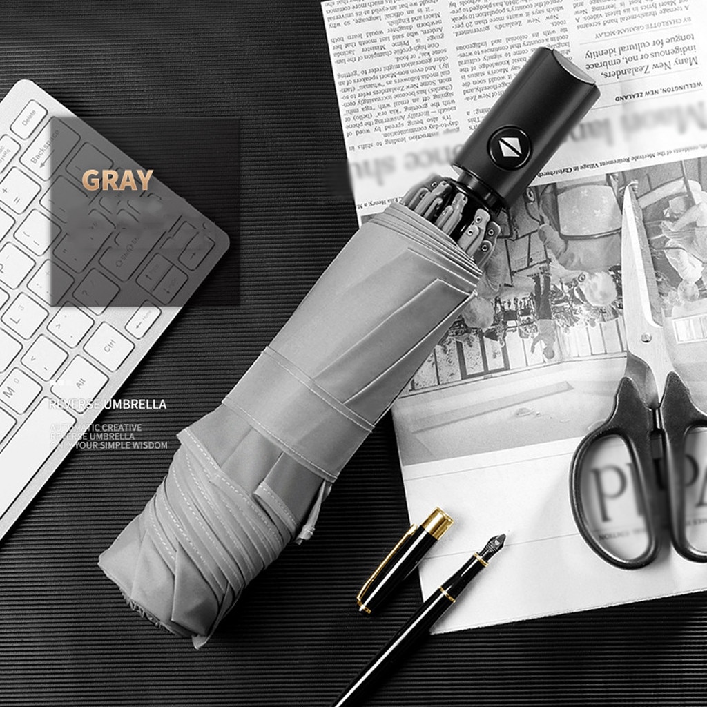 Paraguas plegable para mujer, sombrilla de viaje a prueba de viento, automática, color negro y gris, suministros de negocios, Unisex, # G9