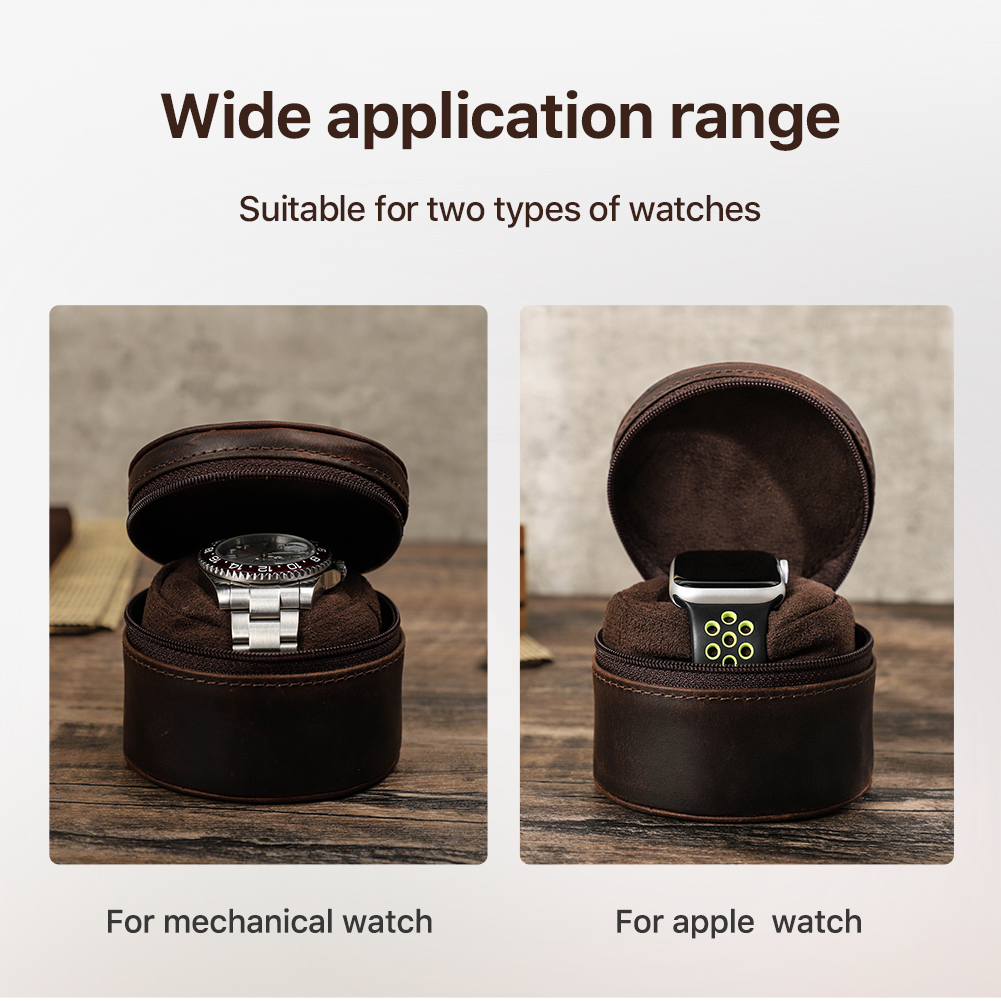 Leather Watch Travel Case Zipper Single Watch Case Storage Soft Cushioned Container for Wristwatch Organizer Box for Men