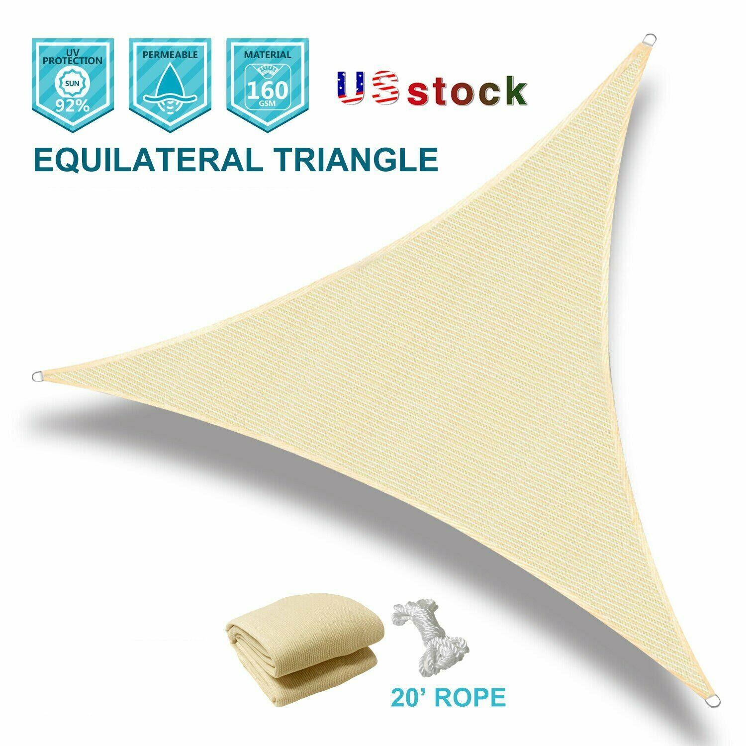 New160 GSM Equilateral Triangle Sun Shade Sail Outdoor Garden Pool Canopy Cover: Beige