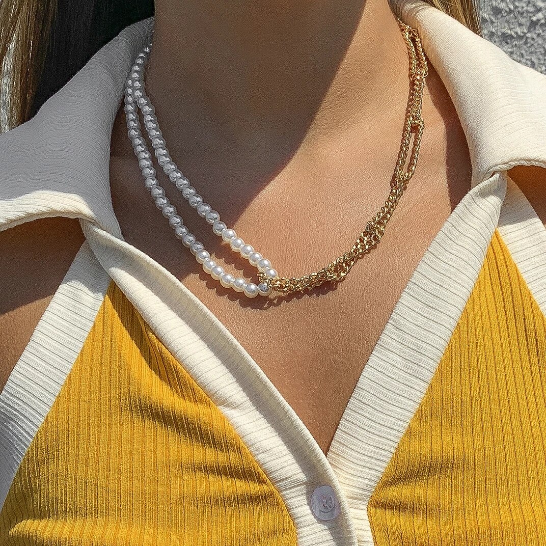 Baroque Pearl Chain Necklace Women Collar Wedding Punk Toggle Clasp Circle Lariat Bead Choker Necklaces Jewelry: Gold Color 12