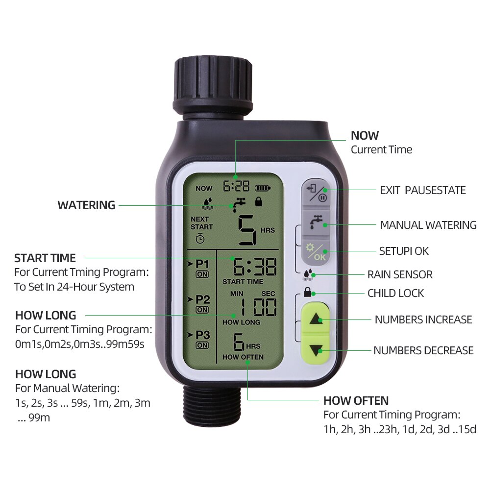 Garden Automatic Irrigation Water Timer With Rain Sensor Outdoor 3 Separate Irrigation Programs Irrigation Control System