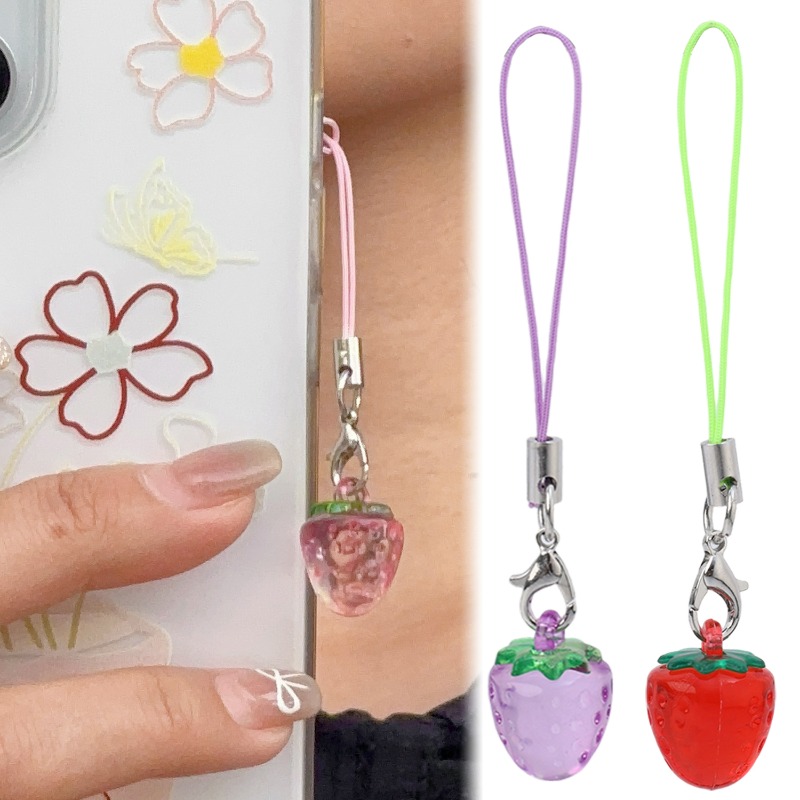 Cute Strawberry Charm for Phone Kawaii Pendant Mini Fruit Lanyard Keychain Bag Zipper Pull Accessory Set Red Pink Purple