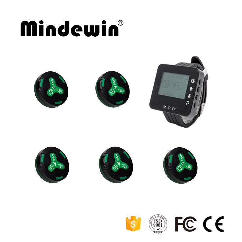 Mindewin 433MHz Wireless Calling System 5pcs Call Transmitter Button + 1pc Watch Receiver for Hospital Hotel Paging System: black green