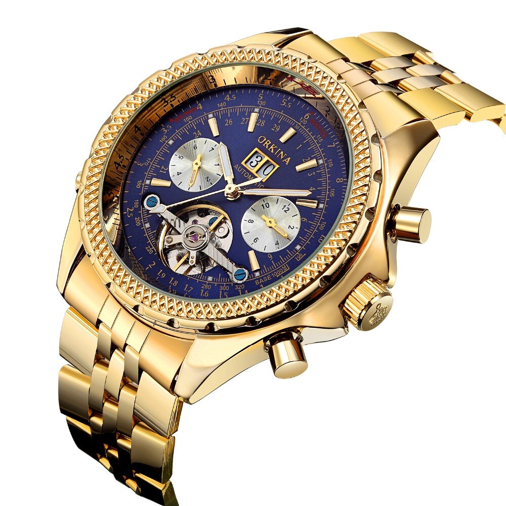 Tourbillon Automatische Mechanische Horloges Mannen Horloge Luxe Top Brand Skeleton Roestvrij Stalen Band Relogio Masculino: gold blue