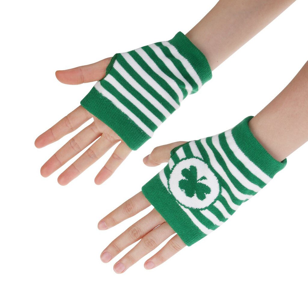 Gants tendance irlandais st. patrick trèfle vert à rayures blanches gants de fête filles gants chauds tricotés jeu de rôle de fête: B