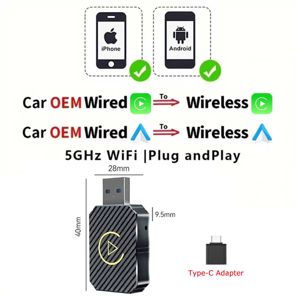 2 in 1 trådlös carplay-adapter och android mini-auto trådlös adapter , 5 ghz wifi typ-c/usb plug & play carplay trådlös adapter: Default Title