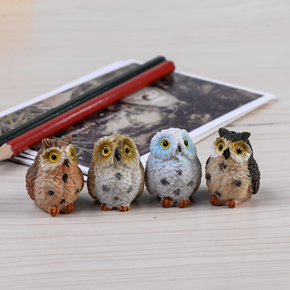 Boneco de paisagem de coruja, boneco de resina para decoração diy, micro ornamentos, decoração de resina, resistente a arranhões, para casamento, festa noturna