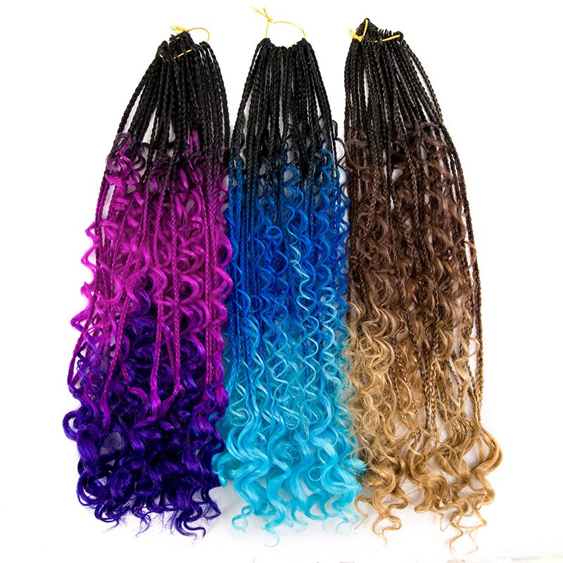24Inch Box Braids Hair Boho Braids Ombre Synthetic Curly Crochet Braiding Hair Extension Messy Goddess Black Brown