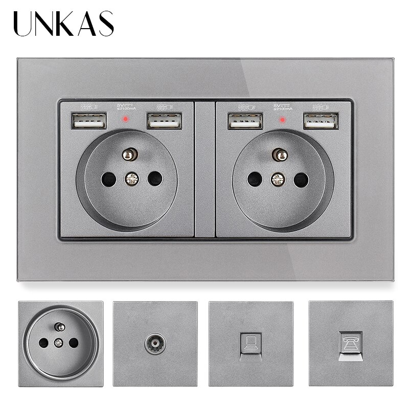 Unkas eu frans stopcontact met dubbele usb-poort + tv  rj11 telefoon  rj45 internet computeraansluiting 146mm * 86mm grijs glazen paneel stopcontact