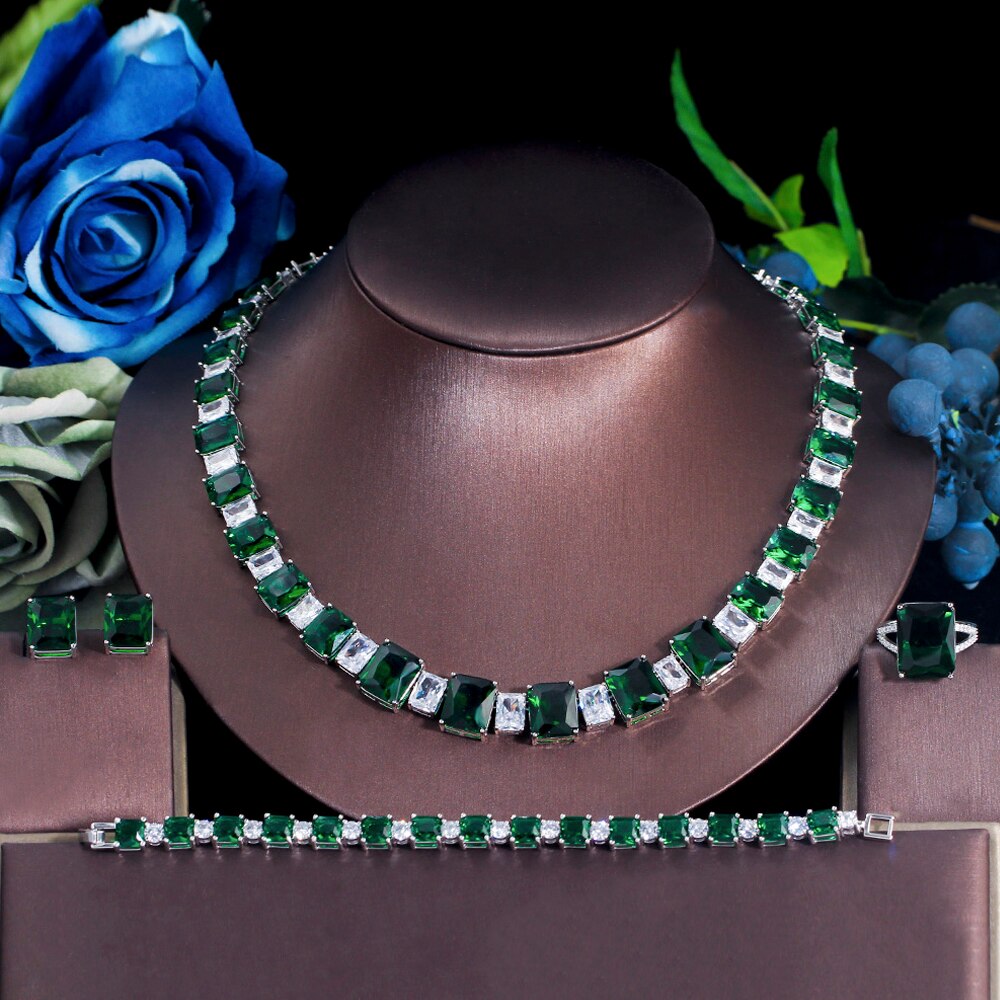 Threegraces 4 Stuks Dark Green Zirconia Geometrische Vierkante Bridal Wedding Party Ketting Sieraden Set Voor Vrouwen TZ687