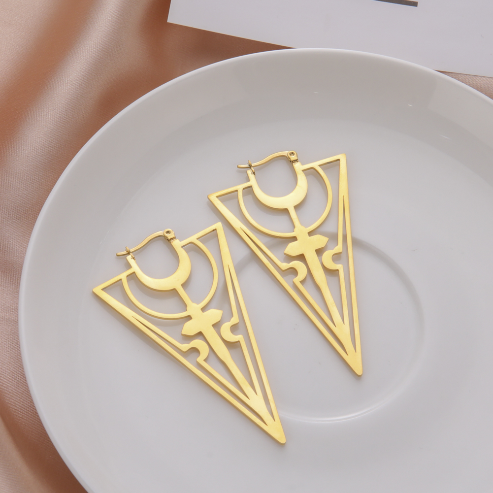 LIKGREAT-pendientes de aro negros geométricos triangulares góticos para mujer, aretes colgantes de Luna de acero inoxidable, amuleto Wicca, de joyería: Color amarillo dorado claro