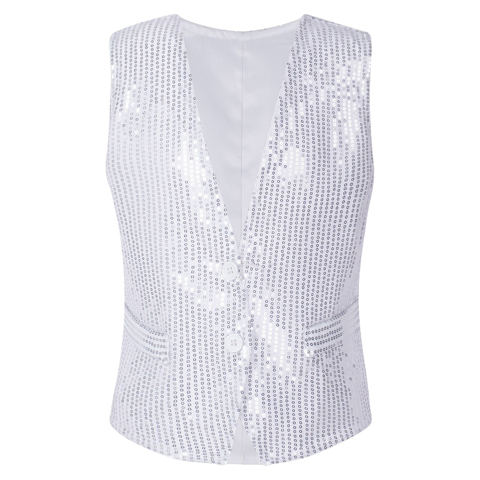 Gilet sans manches à paillettes pour filles et garçons, tenue de soirée, de bal, de Jazz et de danse: White / XS
