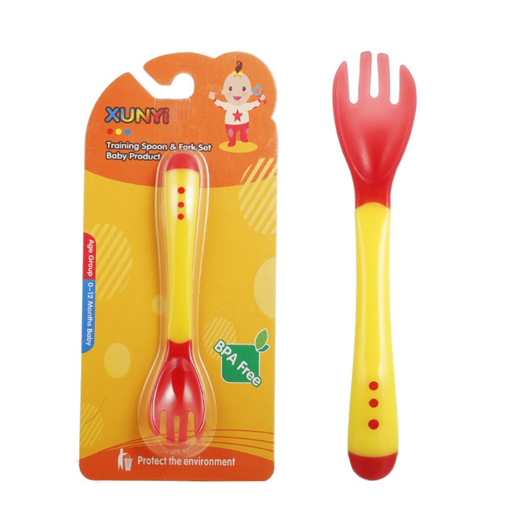 6 Stuks Baby Servies Lepel Vork Temperatuur Sensing Lepel Vork Kleurrijke Baby Servies Voor Meisje Jongen (Blauw Lepel, lepel, Yell
