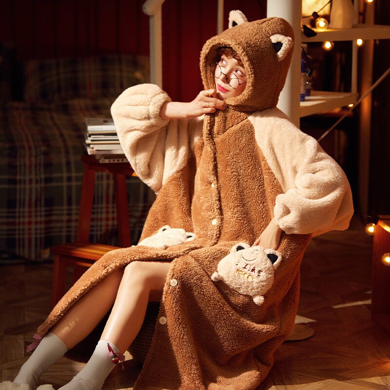Bata de noche gruesa para mujer, ropa de baño cálida con capucha de oso de dibujos animados, Coral, para el hogar: XXL(Height170-175CM)