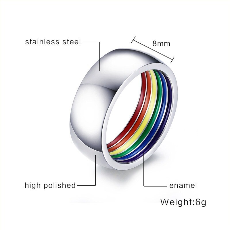 Innvendig regnbue lgbt ring for menn rustfritt stål bryllup band ring 8mm brede gay pride smykker