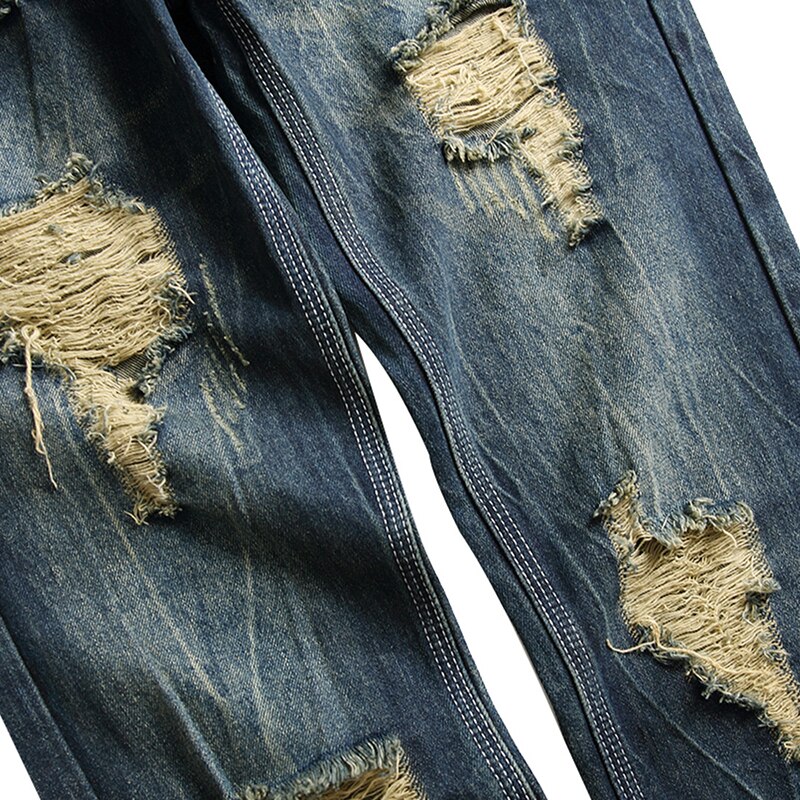 Mænd mørkeblå ripped jeans denim ødelagt bomuld afslappet hul ruinerede bukser til mandlige lange plus størrelse 28-42