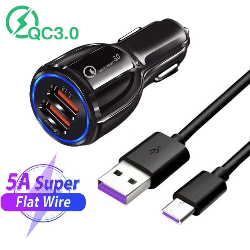 Cargador USB tipo C para coche, Cable de carga rápida QC 3,0, 5A, para Huawei P20, Honor 9X, 20, Redmi 8, Note 7, samsung galaxy Tab S6, S5e, S20