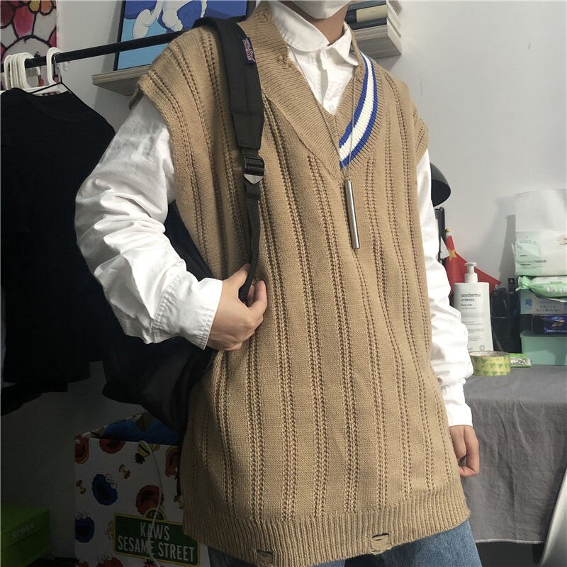 Heren Vest Herfst En Winter V-hals Veelzijdige Mouwloze Losse Knit Top Jongeren Mode Trend Mannen kleding: Khaki / M