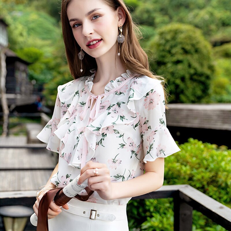 Garemay blommig blus med blommor tryck koreansk flare ärm chiffong volang vit kvinnor sommar toppar och blus chemisier femme: S