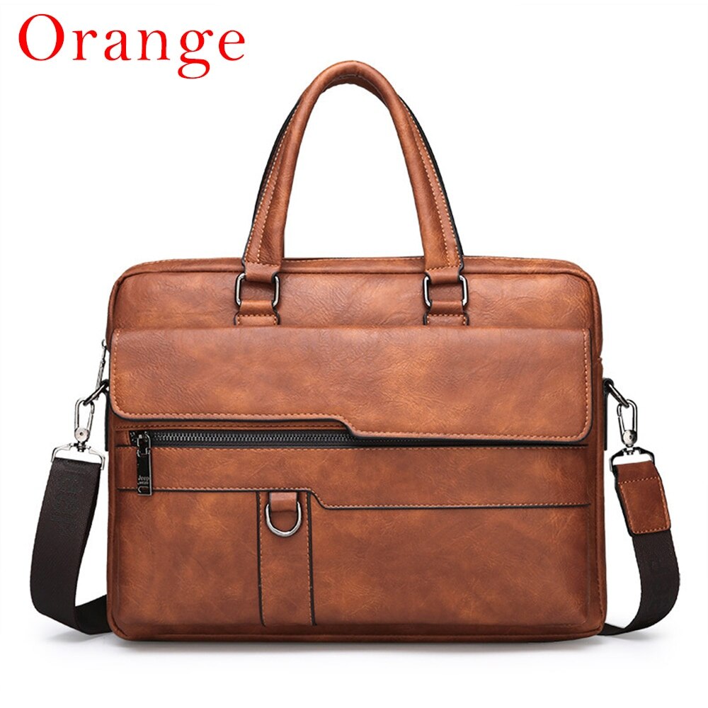 Retro Men Solid Color Bag Faux Leather Briefcase Large Capacity Tote Shoulder Bag Large Casual Business Laptop Briefcase: A orange