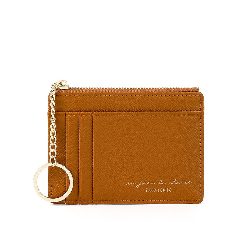 Brand Soft Leather Mini Women Card Holder Cute Credit ID Card Holders Zipper Slim Wallet Case Change Coin Purse Keychain: Brown