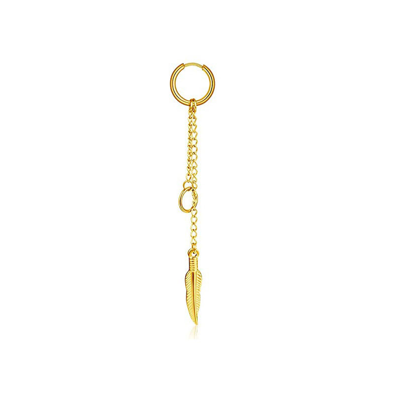 Pendientes de aro con bisagras para hombre, aretes colgantes de acero inoxidable, aretes colgantes de cadena larga con pluma L, 1 pieza: Oro oscuro