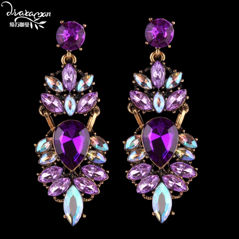 Dvacaman marca matrimonio dichiarazione nuziale orecchini di cristallo donne viola strass goccia ciondola orecchini gioielli per feste Femme Bijoux barocco lusso banchetto di nozze grandi orecchini pendenti all&#39;ingrosso Dropshipping 2020 inverno