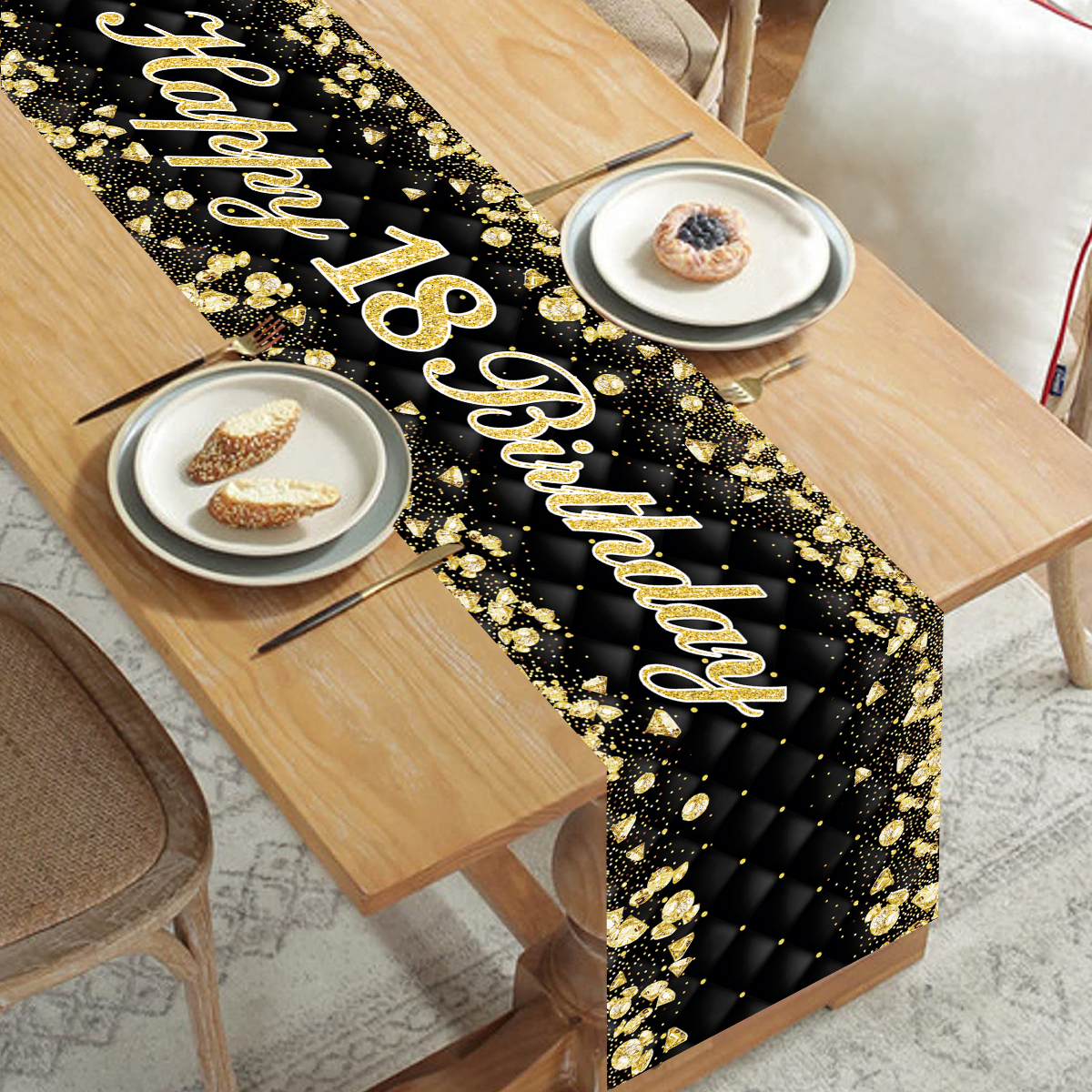 Chemin de Table d'anniversaire en or noir, couverture de Table d'anniversaire, nappe, décoration de fête pour la maison, anniversaire adulte, 18 30 40 50
