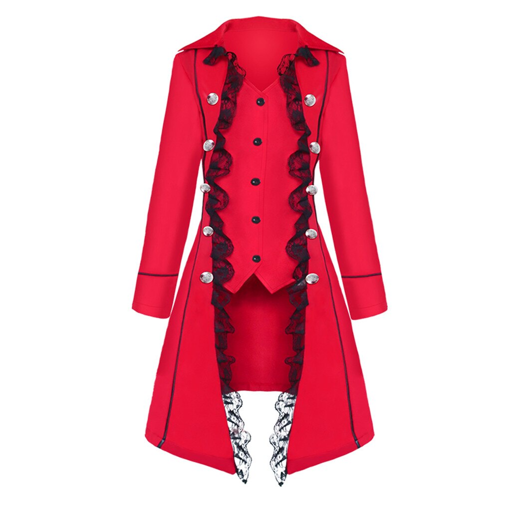 Abrigo gótico Vintage de manga larga para mujer, ropa de abrigo de Color liso con cuello de camisa de encaje y Triple botonadura, prendas de vestir exteriores: Red  / L