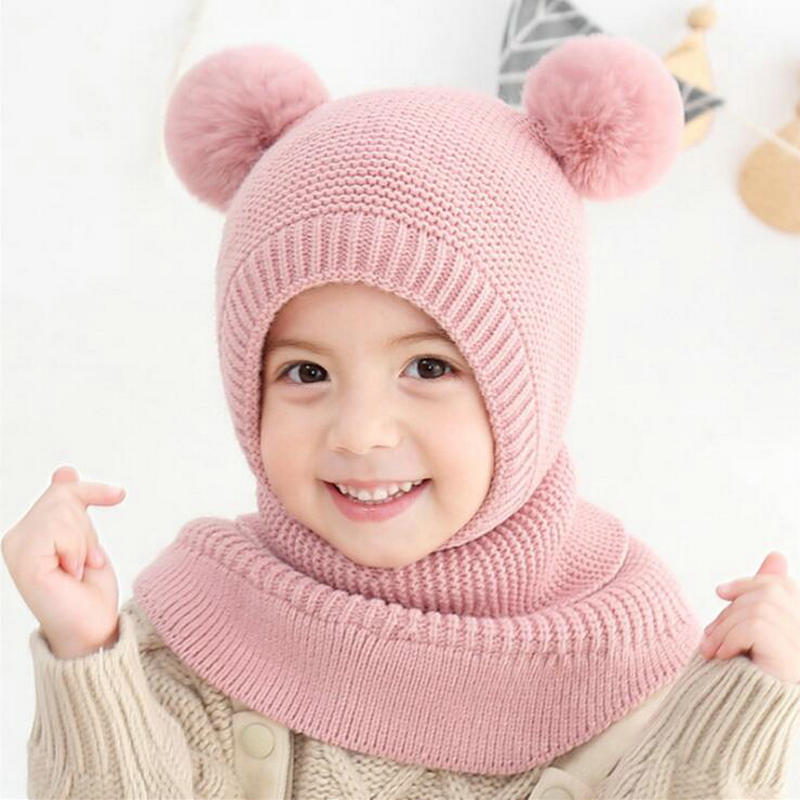Herfst En Winter Meisje Warme Muts Dubbele Bal Oor Bescherming Een Jongen Gebreide Wol Hoed Warm Kinderen Hoed: pink / 2-4 Years