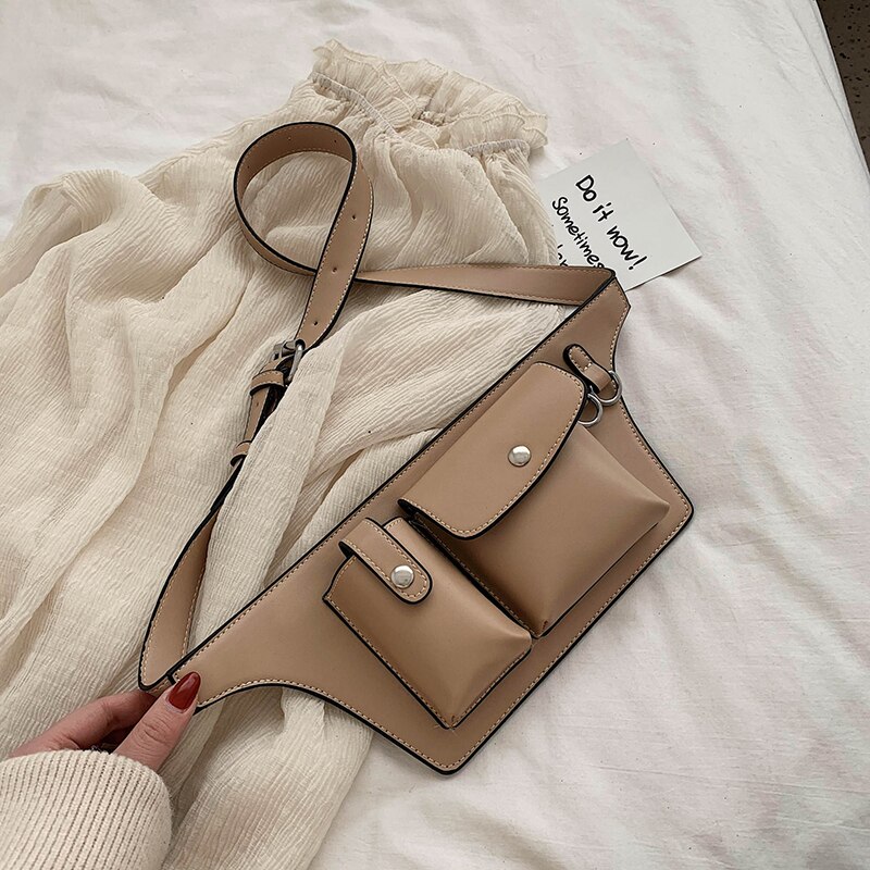 Jin Mantang High PU Waist Bag Female Waist Bag Casual Ladies Handbag Travel Portable Female Waist Bag: Khaki