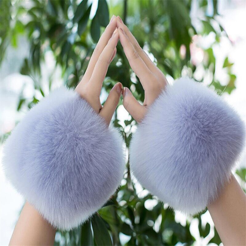 Manchette en fausse fourrure de renard de pour femmes, chauffe-bras, mignon, décor, hiver, automne, manches courtes, solide, W108: Gray Blue