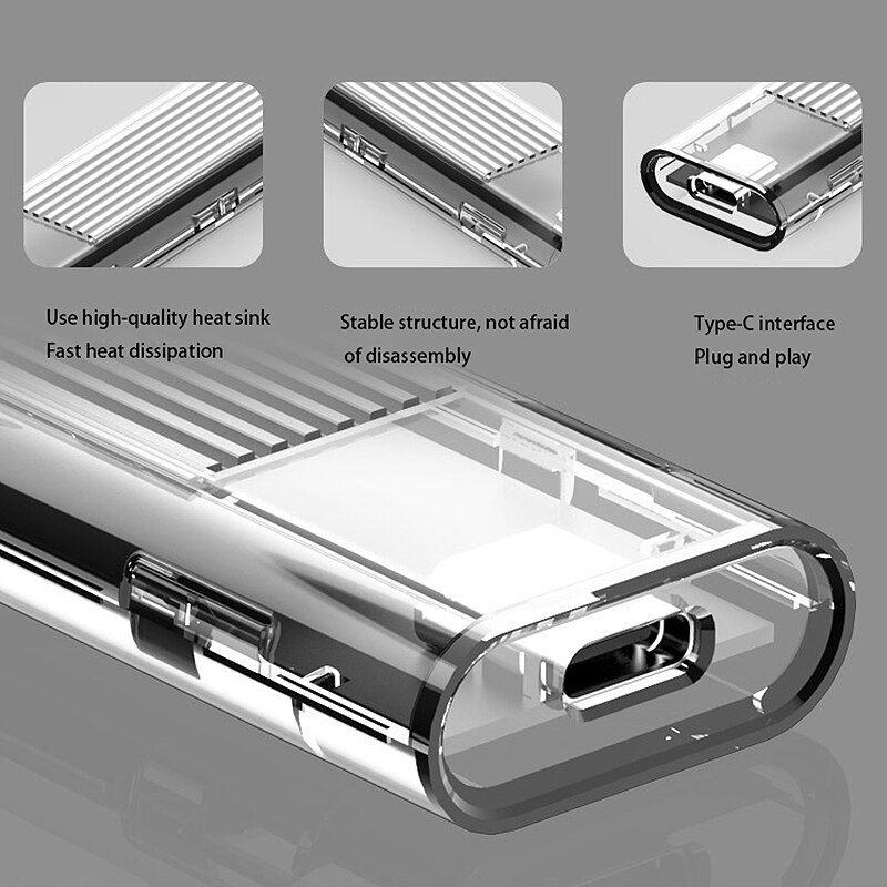 Boîte de disque dur Mobile entièrement transparente, M.2 NGFF à usb3.1type-c Interface portable disque dur Mobile à semi-conducteurs