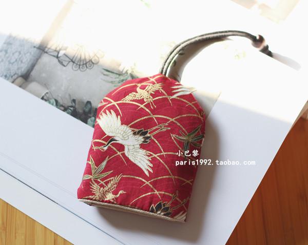 Handgemaakte vrouwen canvas trekkoord Sleutelhouder autosleutel protector Meisje Leuke key case Auto Sleutelhouder: Red gold crane
