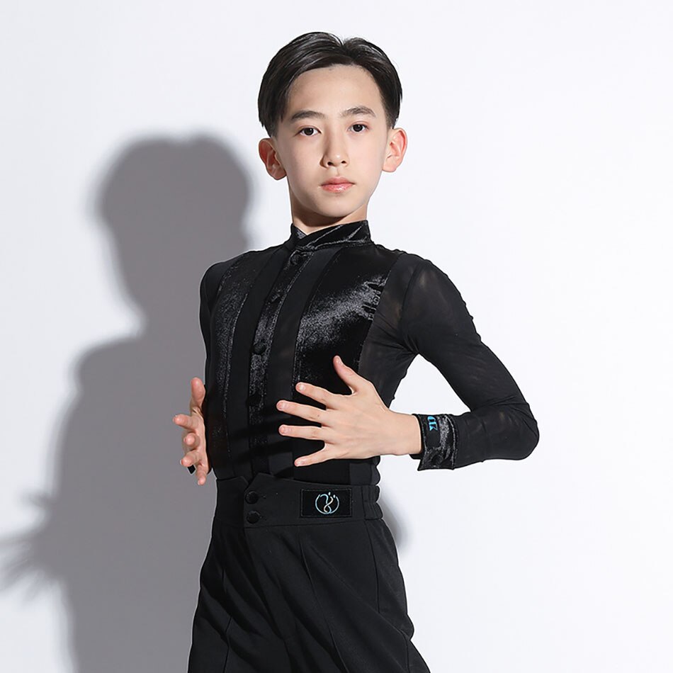 Kids Boys Latin Dance Shirt Button T Shirts Child Autumn Winter Long Sleeves Bodysuit Jazz Rumba Dancewear G7056